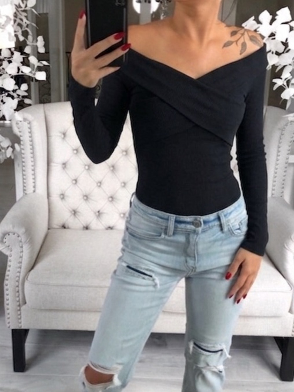 Abercrombie & Fitch Black Off-Shoulder Ribbed Long-Sleeve Top